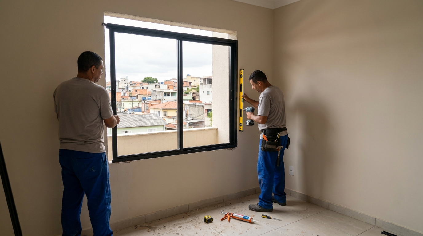 Esquadria de alumínio em quarto bege em São José dos Campos-SP
