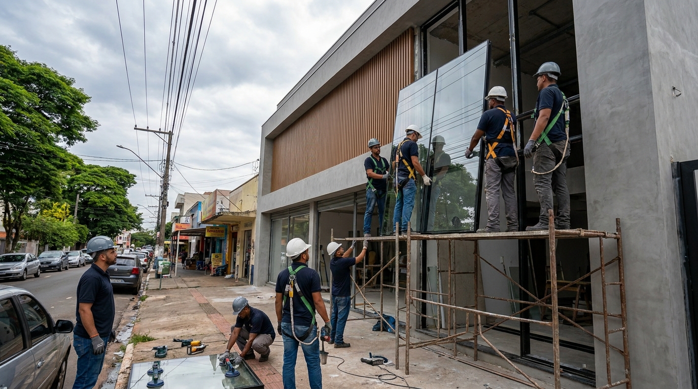 Fachada de vidro com andaime lateral em São José dos Campos-SP