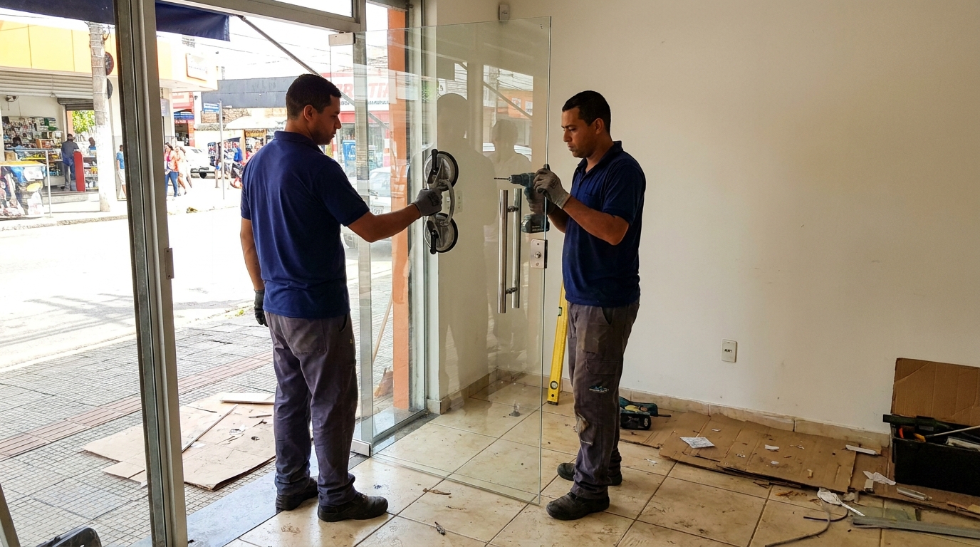 Porta de vidro de loja em rua movimentada em São José dos Campos-SP
